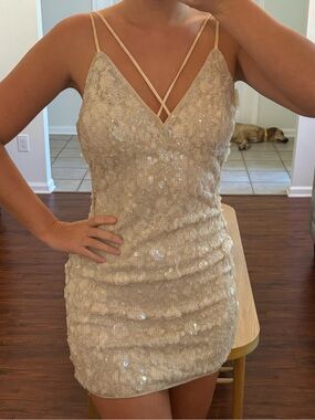REVOLVE Champagne Sequin Lace Mini Dress